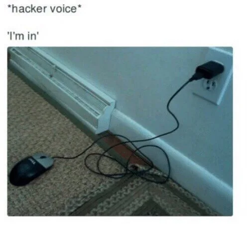 hacker voice, I'm in. Снимка на компютърна мишка, включена в зарядно за мобилен телефон, което е включено в контакт.